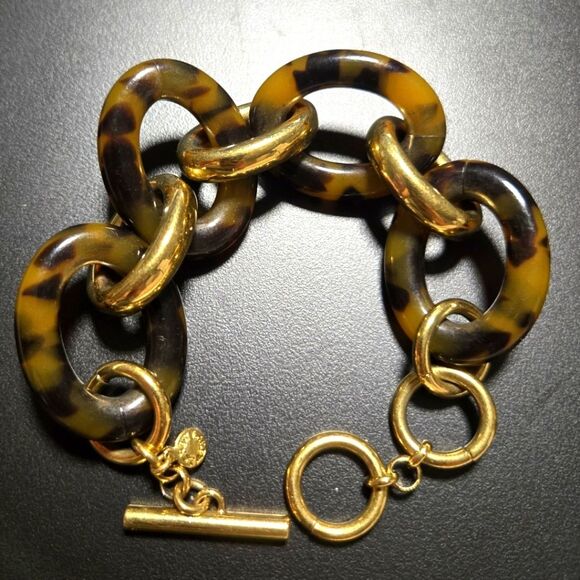 JCrew Brown Chunky Tortoise Acrylic & Goldtone Link Bracelet - Picture 1 of 5